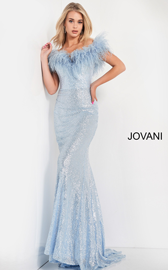 Jovani 06166 Off the Shoulder Feather Neckline Prom Gown