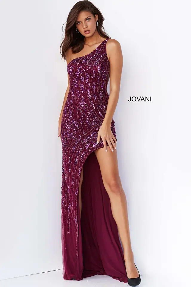 Model wearing Jovani style 06346 burgundy prom dress
