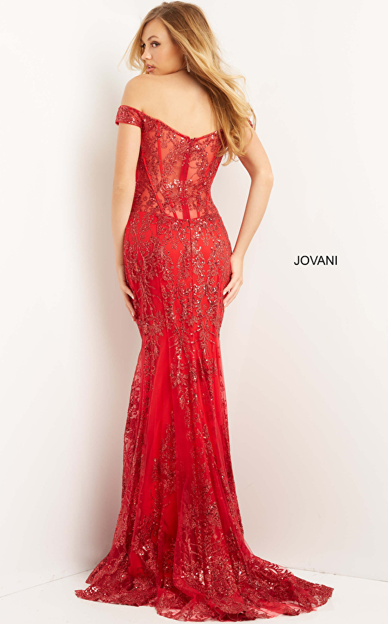 Jovani 06369 Red  Off the Shoulder Corset Mermaid Prom Dress