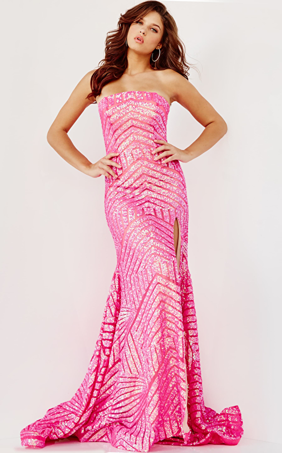 Jovani 06394 Pink Strapless High Slit Prom Gown