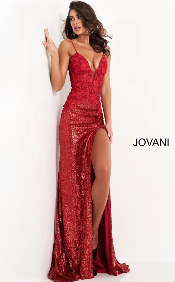 Jovani 06426 Blue Floral Appliques High Slit Dress