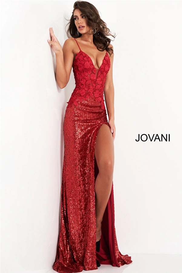 Jovani 06426 Red Floral Appliques High Slit Prom Dress