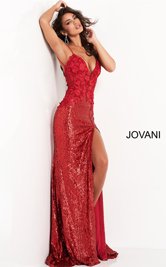 Red high slit prom dress Jovani 06426