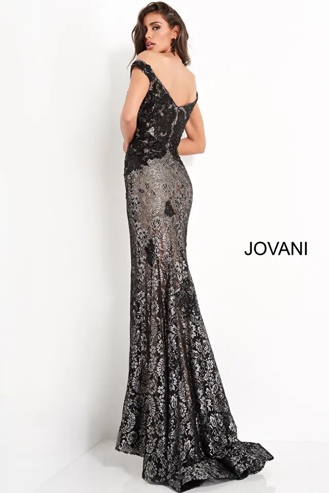 Jovani 06437 black silver long fitted dress