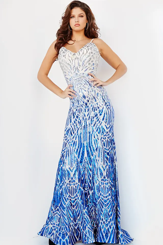 Model wearing Jovani style 06450 blue prom dress