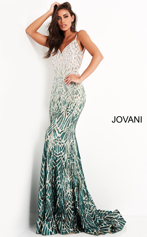 Jovani 06450 Silver Green Backless Sequin Prom Dress