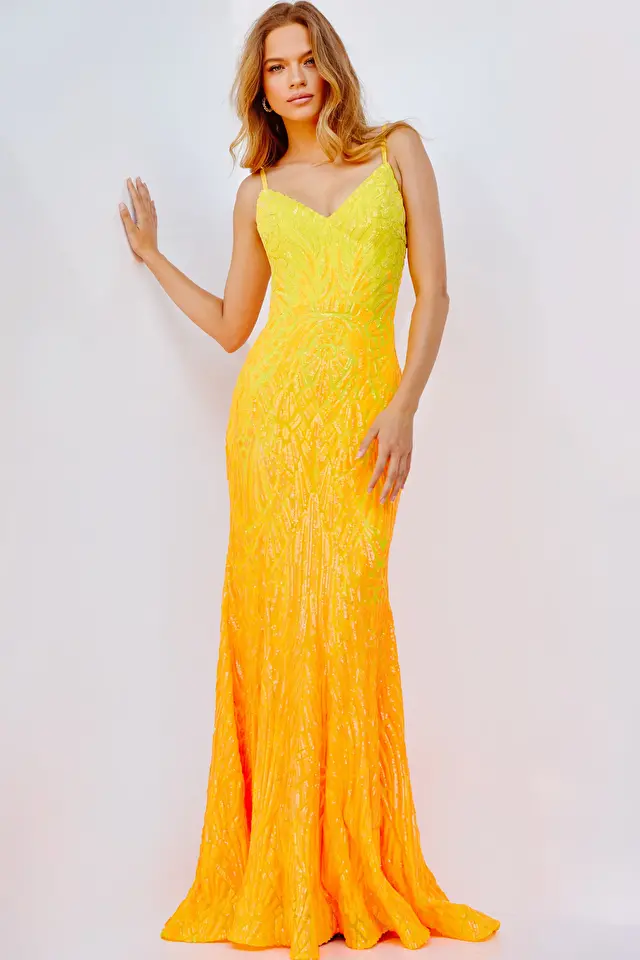 Model wearing Jovani style 06450 yellow prom dress