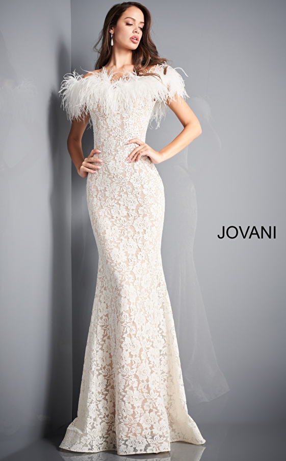 jovani Jovani 06451 Ivory Lace Feather Neck Gown