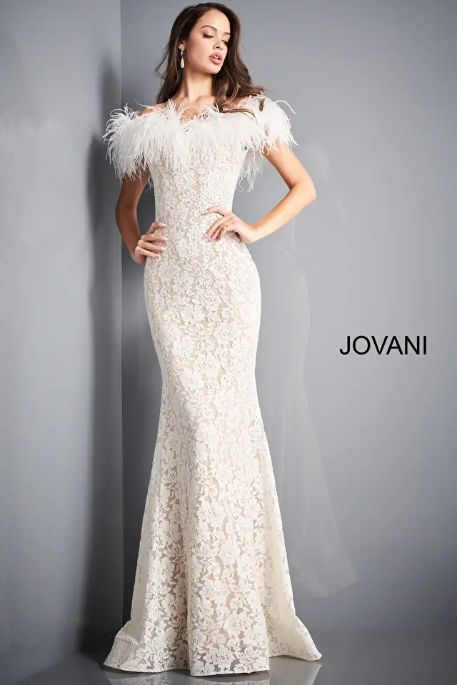 Model wearing Jovani style 06451 ivory dress