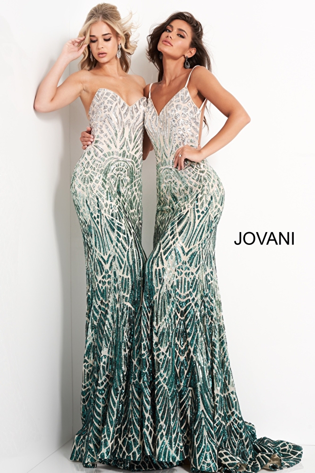 Model wearing Jovani style 06459 green prom dress