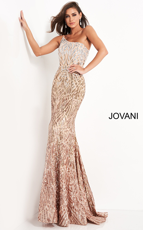 jovani Jovani 06469 Silver Cafe Embellished One Shoulder Prom Dress