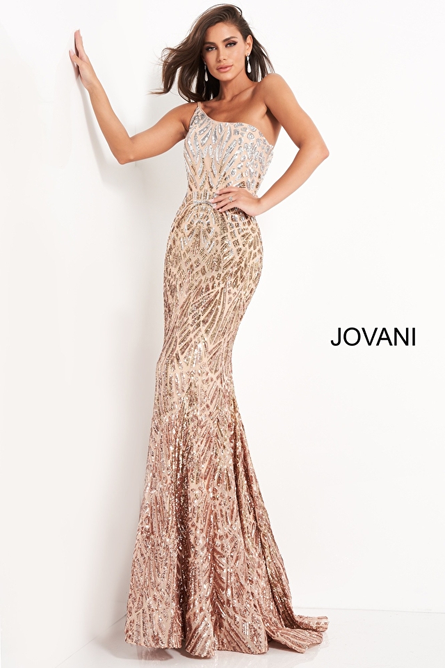 Model wearing Jovani style 06469 one shoulder dress