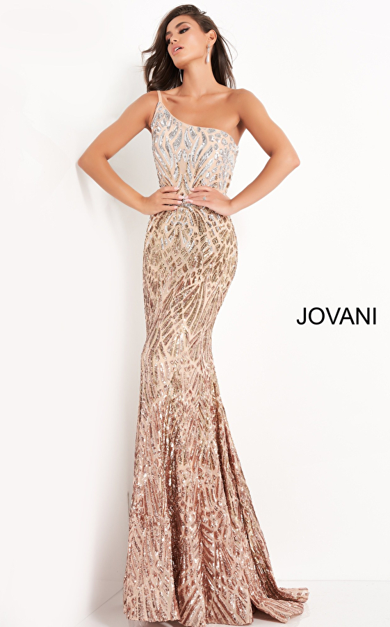 Jovani 06469 Silver Green Sequin One Shoulder Prom Dress