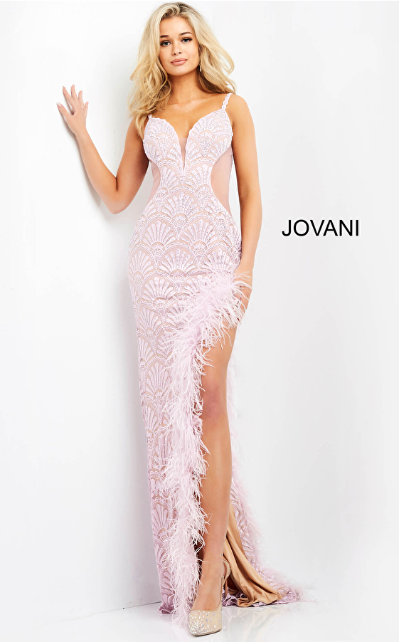 Jovani 06558 Embellished lace prom dress with nude underlay