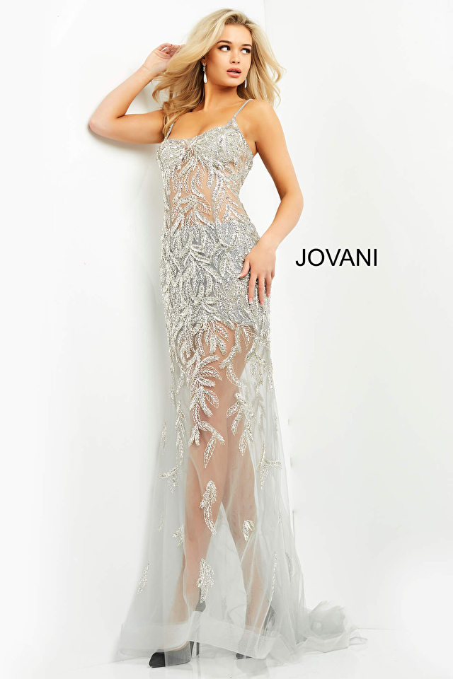 Silver beaded Jovani prom dress 06665