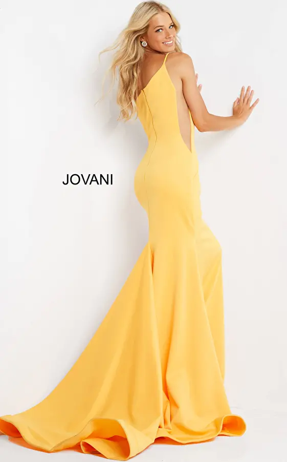 Bright yellow long train prom gown 06763