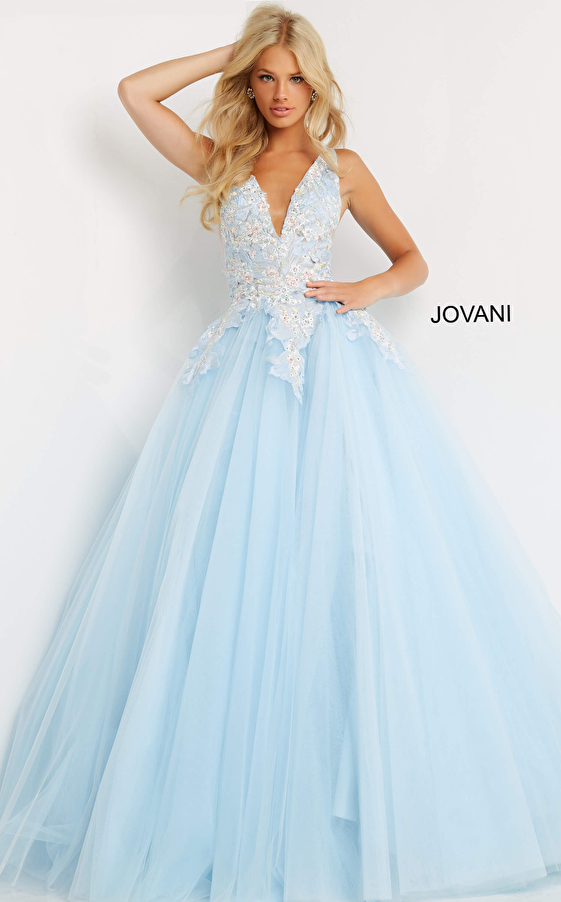 jovani Jovani 06808 Light Blue Deep V Neck Floral Prom Ballgown