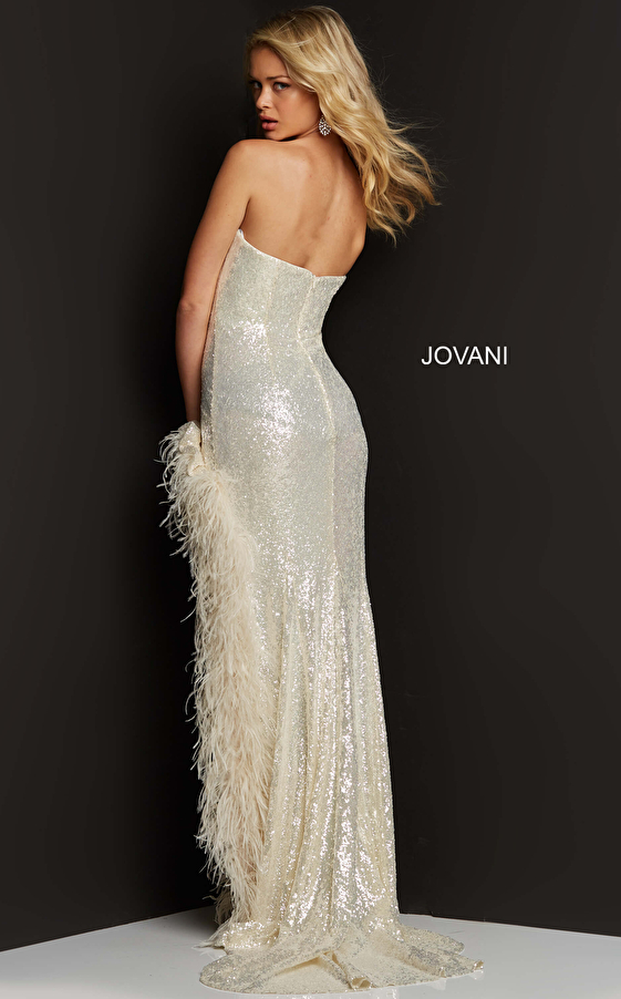 Jovani 07068 Cream High Feather Slit Strapless Prom Dress