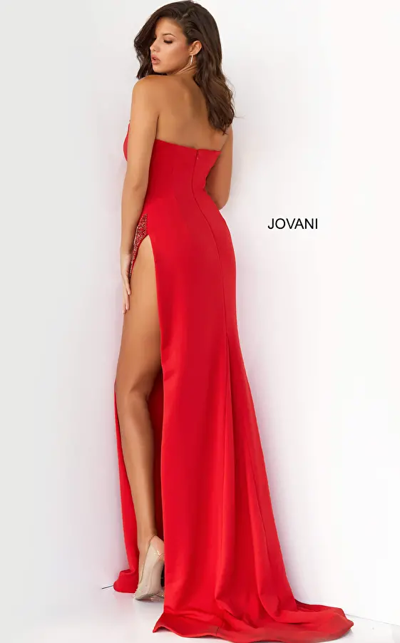 Jovani 07138 Red High Slit Couture Prom Dress 2022