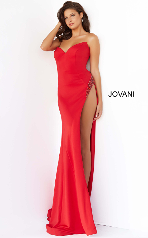 jovani Jovani 07138 Red High Slit Couture Prom Dress 2022