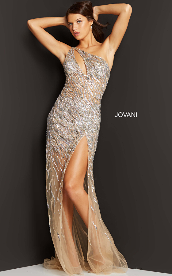 Jovani 07185 Silver Nude Fully Embellished One Shoulder Dress