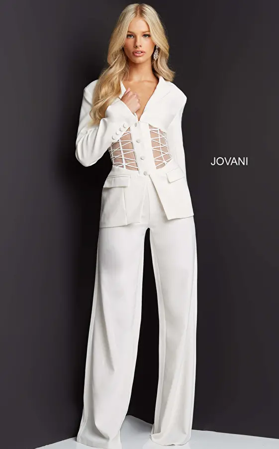 Jovani 07227 Black Illusion Waist Two Piece Pant Suit