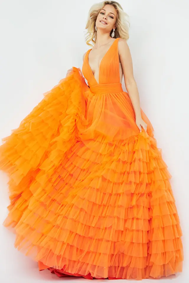 Model wearing Jovani style 07264 orange prom dress