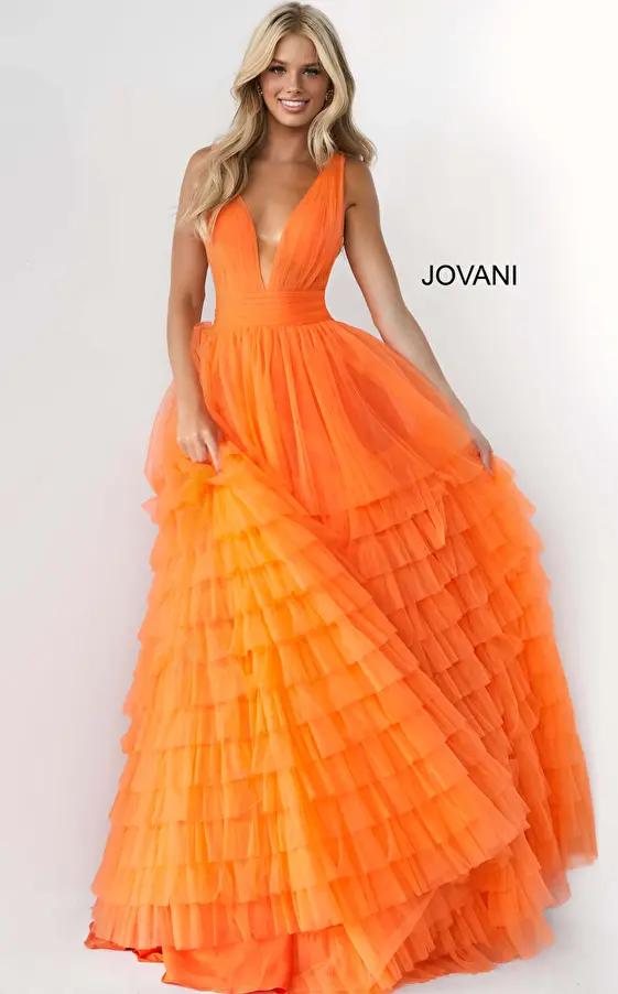 Jovani 07264 Orange Tulle Layered Skirt Prom Ballgown