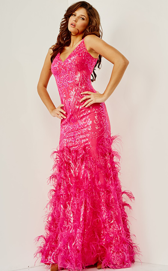 Jovani 07808 Fuchsia Feather Skirt V Neck Prom Dress