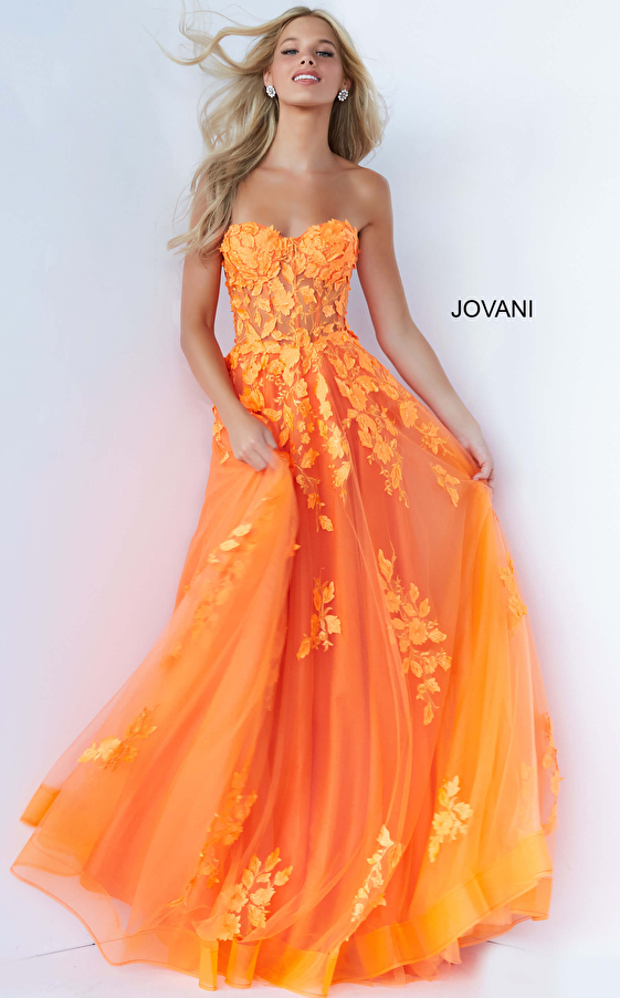 jovani Jovani 07901 Orange Lace Appliques Strapless Prom Gown