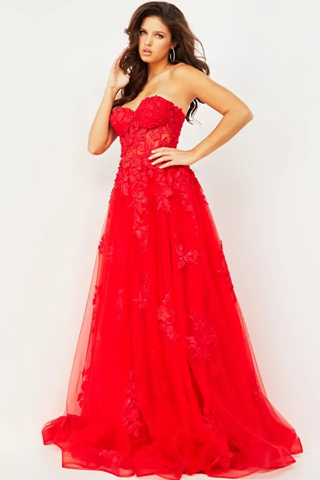 Model wearing Jovani style 07901 red prom dress