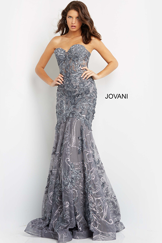 Model wearing Jovani style 07935 silver gray dress