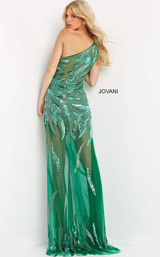 Jovani 07948 Green Beaded One Shoulder Dress
