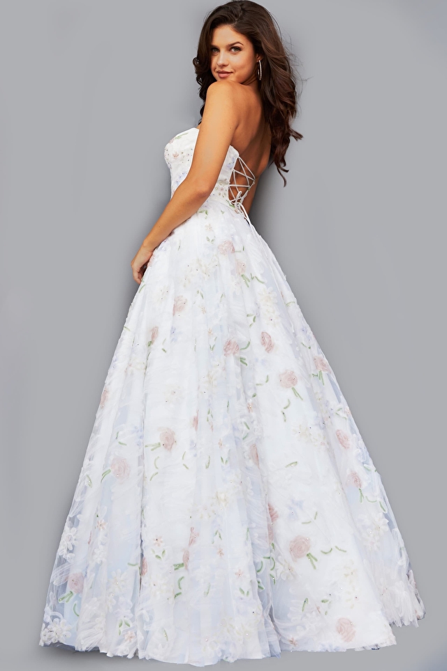 Model wearing Jovani style 07966 white prom dress