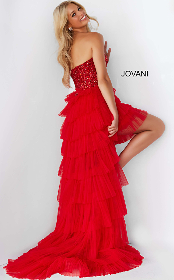 Jovani 08100 | Red Embellished Bodice Tulle Layered Prom Gown