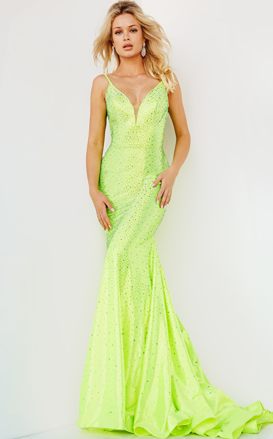 Jovani 08157 Green Fully Embellished Open Back Prom Dress