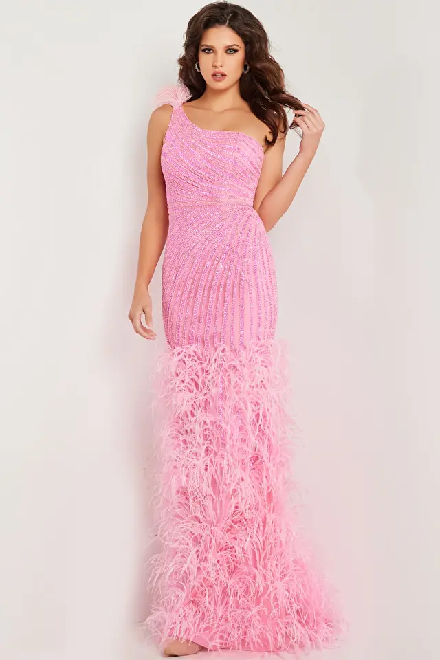 Model wearing Jovani style 08200 pink prom dress