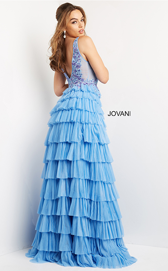 Jovani 08237 Blue Lace Applique Bodice Prom Gown