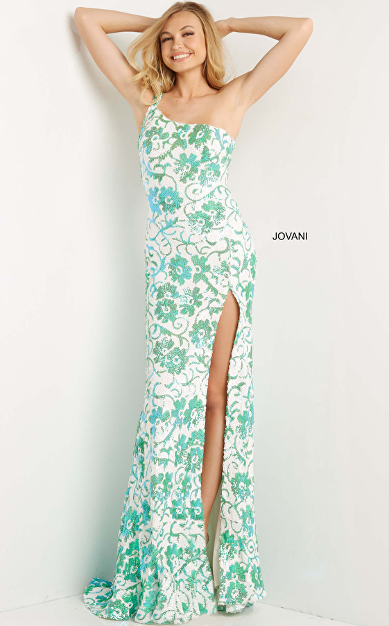 Jovani 08256 Ivory Purple Floral Sequin Plus Size Prom Dress