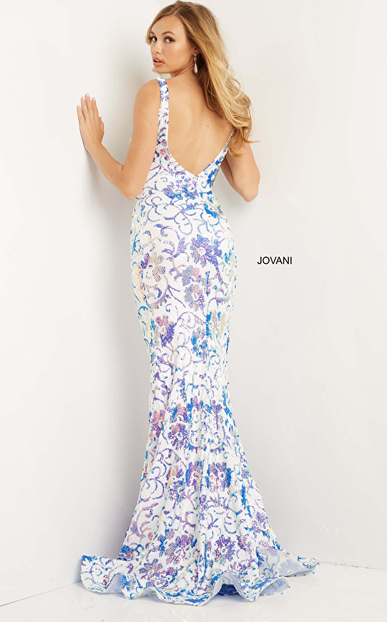Jovani 08257 Ivory Purple Sequin Fitted Prom Dress