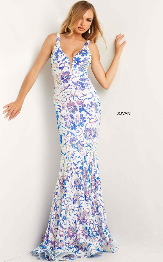 Jovani 08257 Ivory Multi Color Print Purple Sequin Fitted Prom Dress
