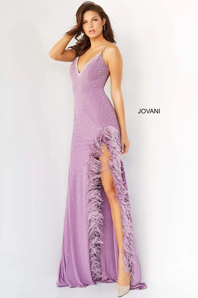 Model wearing Jovani style 08283 purple prom dress