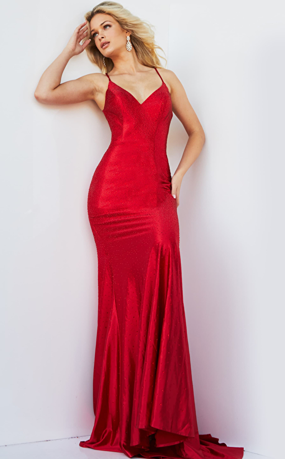 Jovani 23010 Red Embellished V Neck Prom Dress