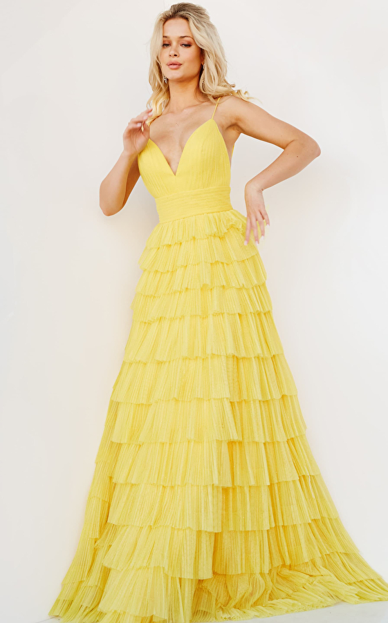 Jovani 08480 Yellow Tulle Tiered Skirt Maxi Dress