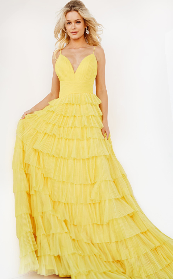 jovani Jovani 08480 Yellow Tulle Tiered Skirt Prom Gown