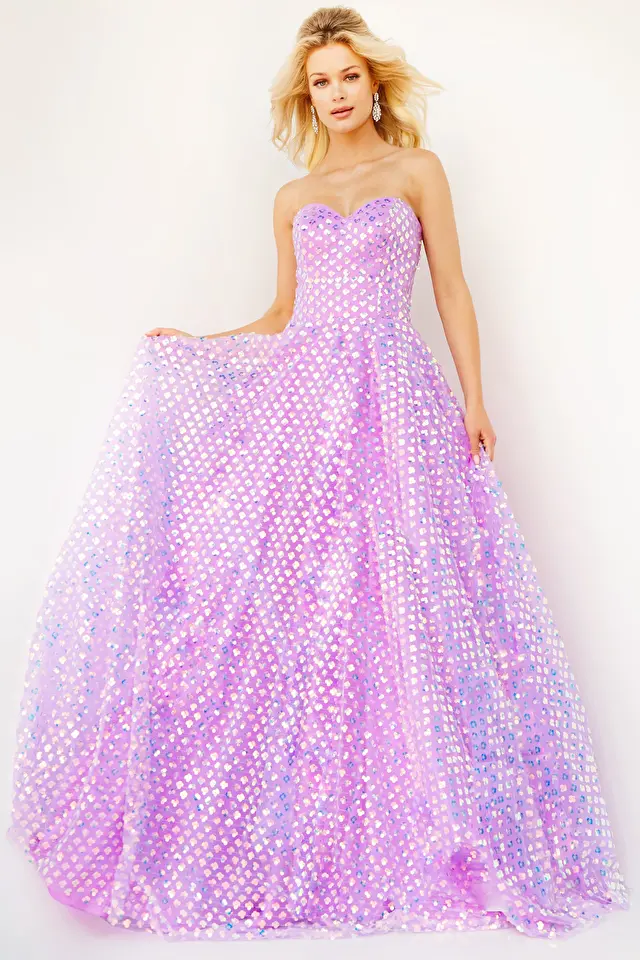 Model wearing Jovani style 08605 purple prom dress