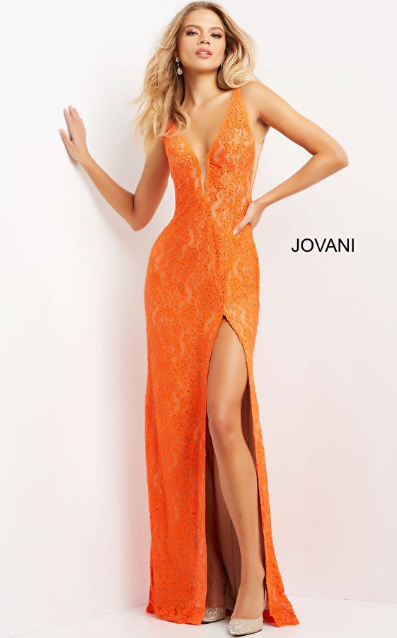 Orange nude lace high slit dress 08674
