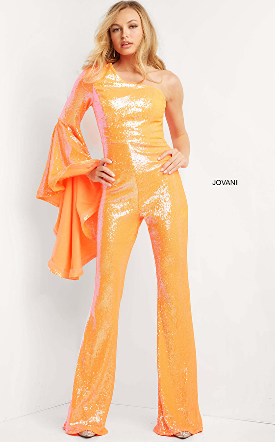 Jovani 09112 Iridescent Orange One Shoulder Prom Jumpsuit