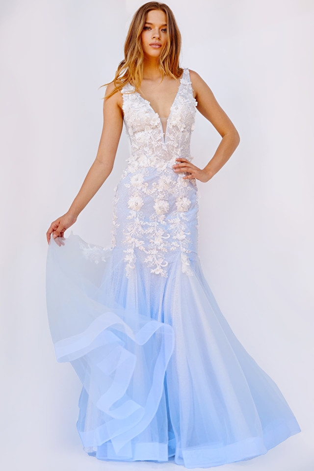 Model wearing Jovani style 09322 mermaid prom dress
