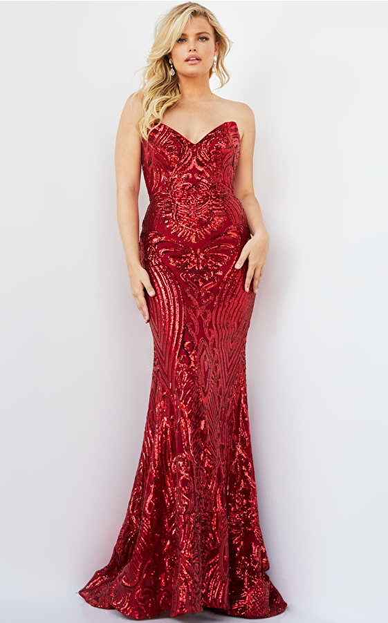 jovani Jovani 09695 Red Sequin Embellished Sheath Plus Size Prom Dress